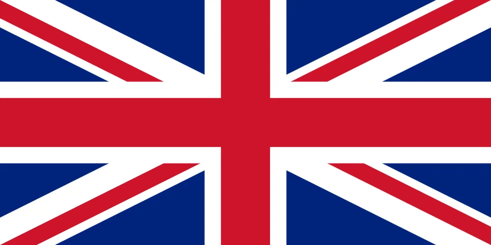 Storbritanniens flag — Union Jack: de kombinerede kors for Sankt Georg, Sankt Andreas og Sankt Patrick i rødt, hvidt og blåt.